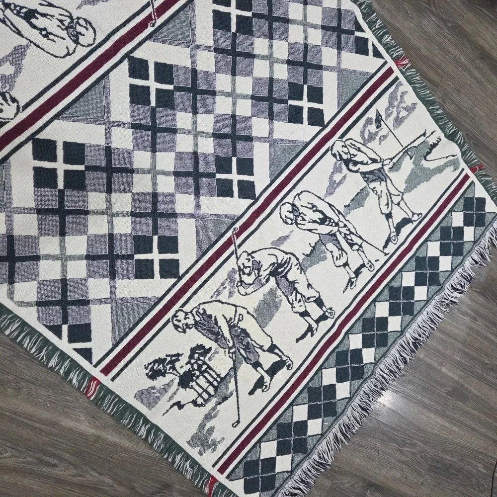 Vintage Golf Tapestry Throw Blanket Argyle Woven‎ Fringe Excellent Country Club